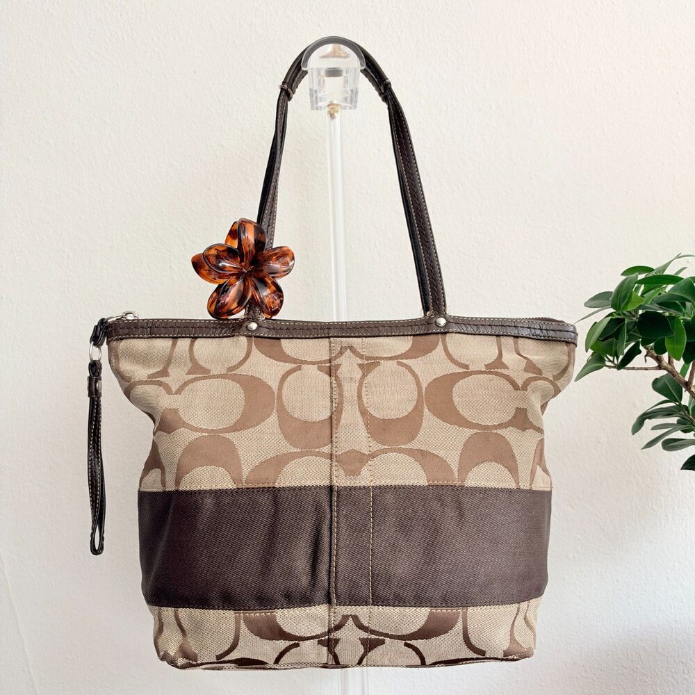 Coach Signature Stripe Zip Top Tote Bag Khaki Brown Y2K Shoulder Purse F13548